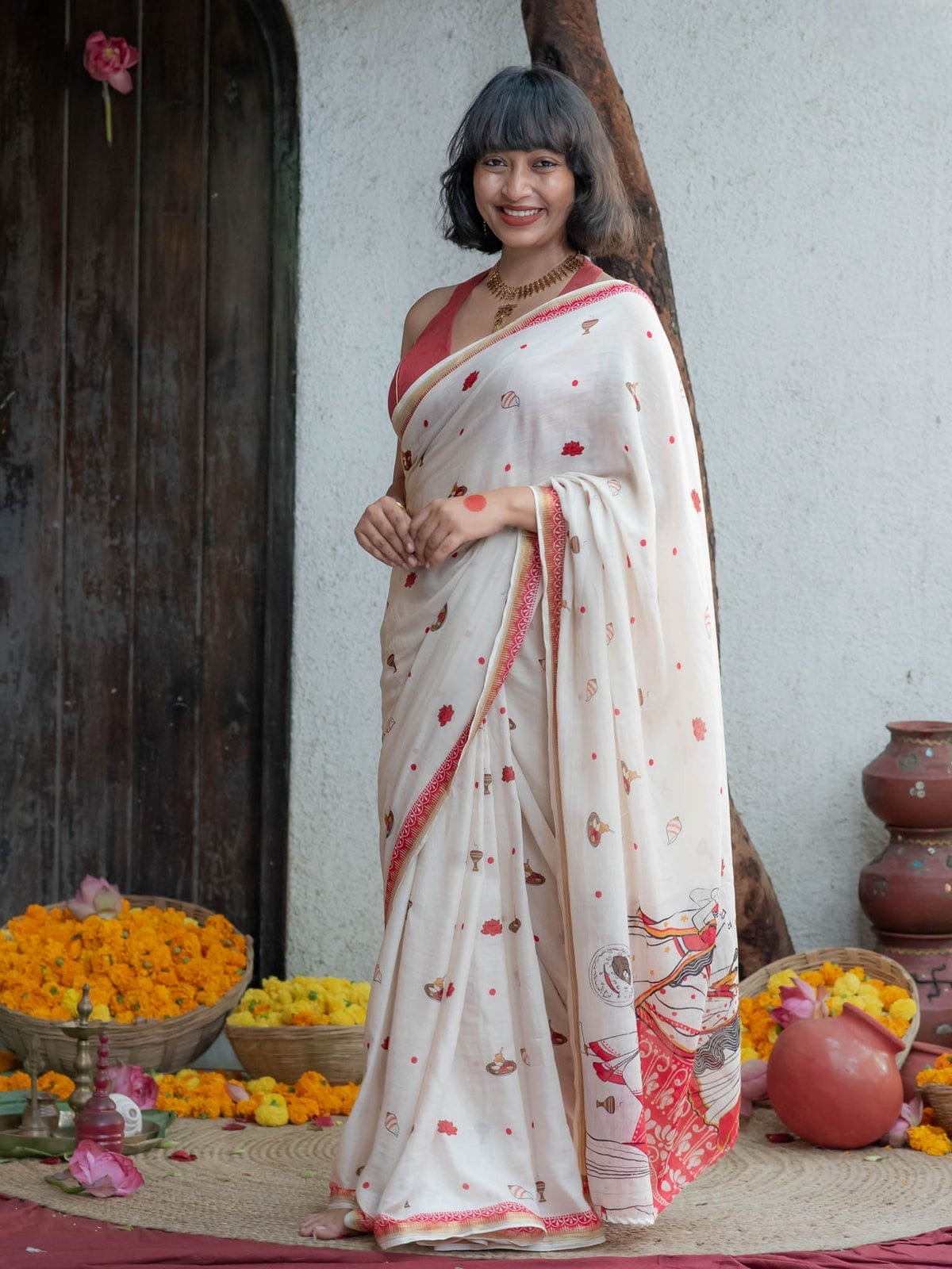 Soft Linen Gold Zari Border Saree