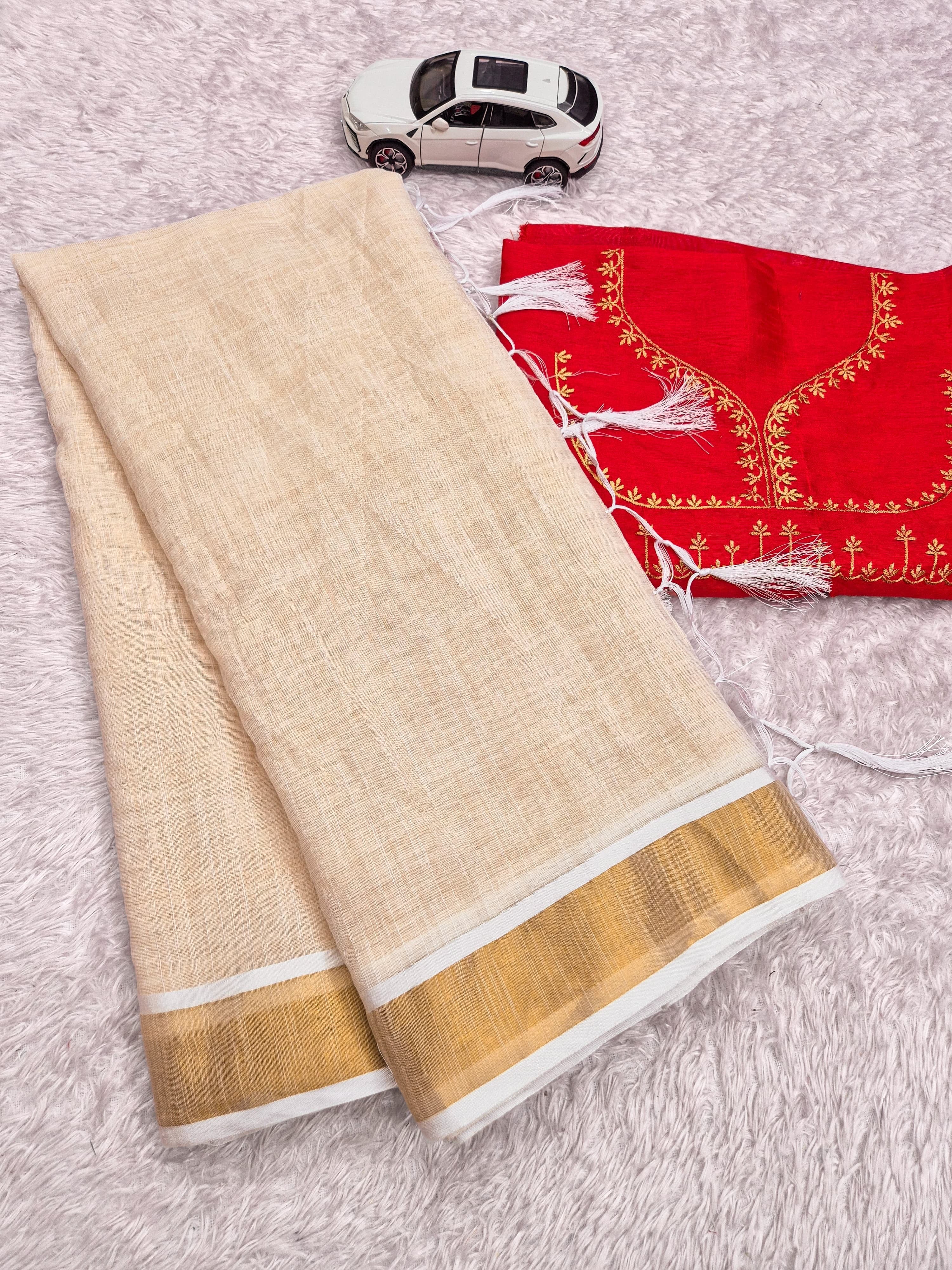 Linen Gold Jari border Kerala Saree