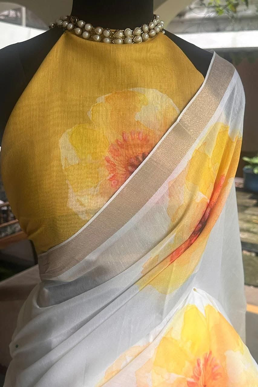 Soft Linen with Gold Zari Border Saree