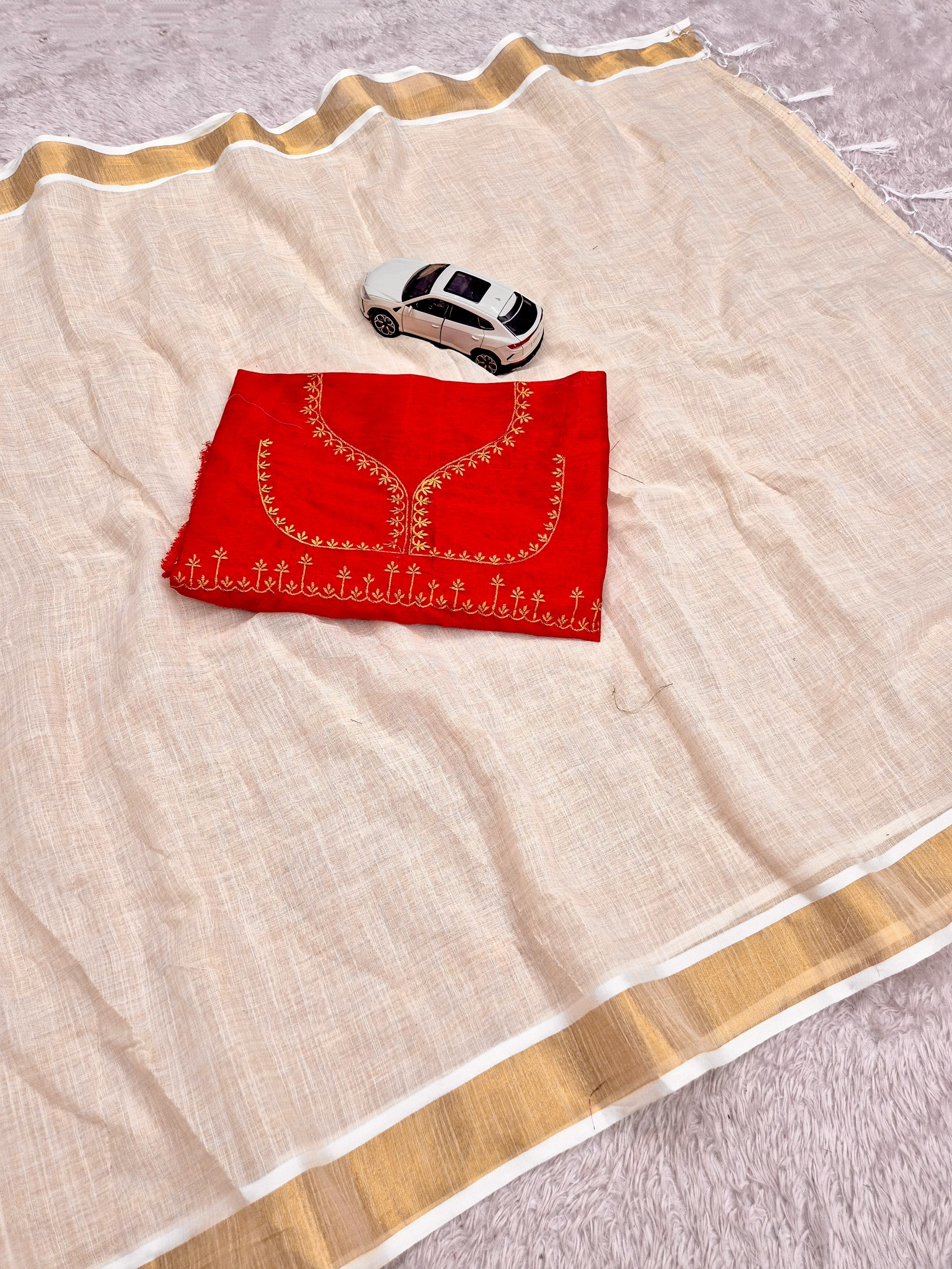 Linen Gold Jari border Kerala Saree