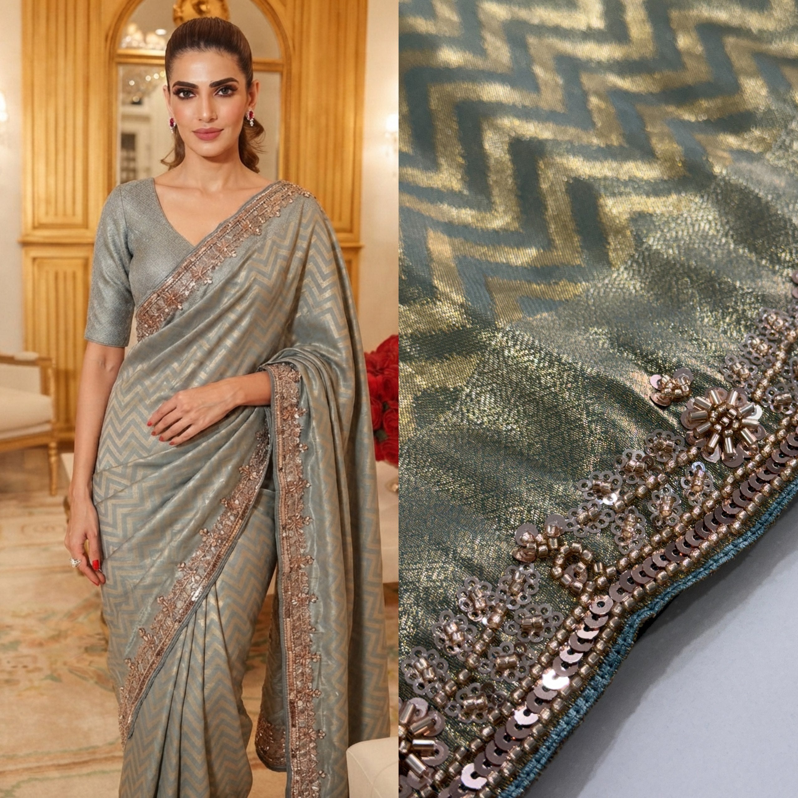 Pure Kanjivaram Silk Beads Work Saree