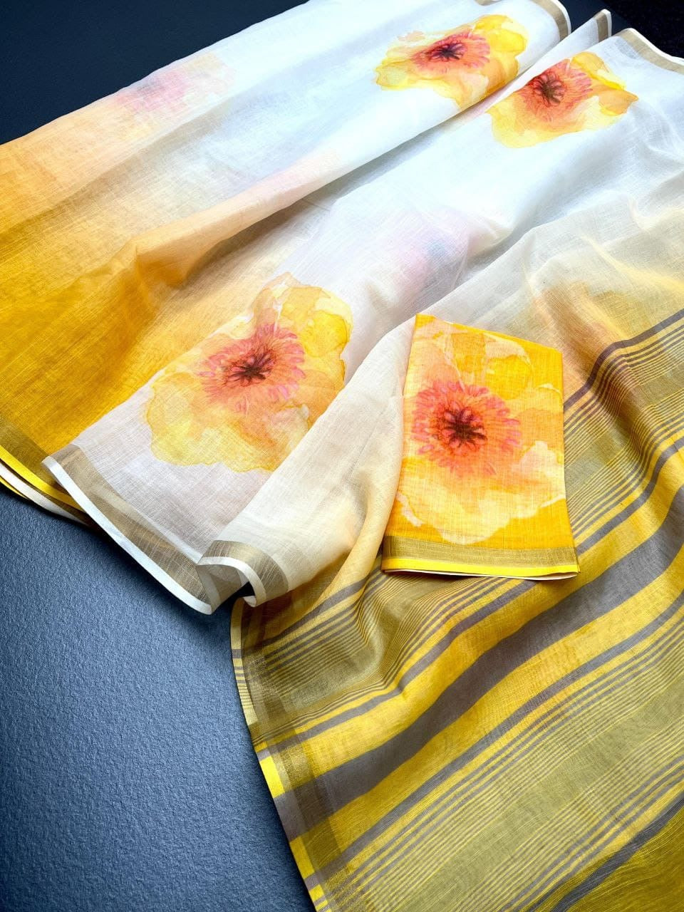 Soft Linen with Gold Zari Border Saree