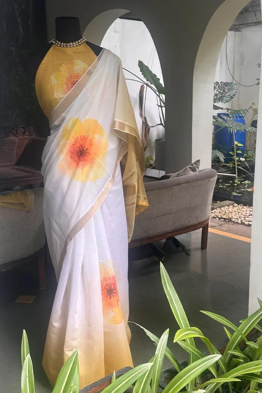 Soft Linen with Gold Zari Border Saree